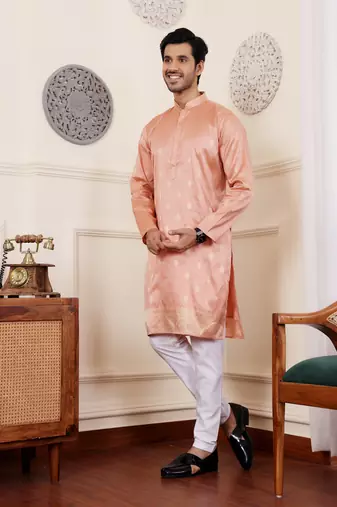 Orange viscosee fabric wevon jacquard work ethnic men's kurta payjama set