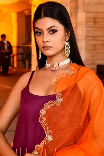 Purple aari  embrodired suit set