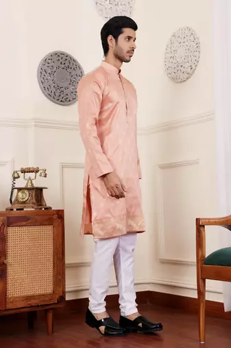 Orange viscosee fabric wevon jacquard work ethnic men's kurta payjama set