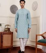 Blue viscose fabric wevon jacquard work ethnic men's kurta payjama set