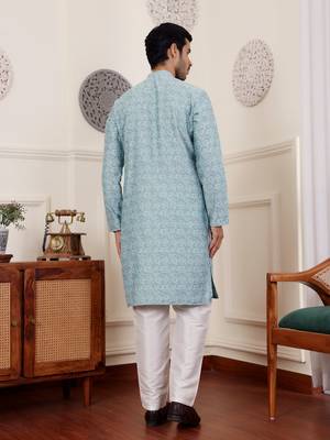 Blue viscosee fabric wevon jacquard work ethnic men's kurta payjama set 2
