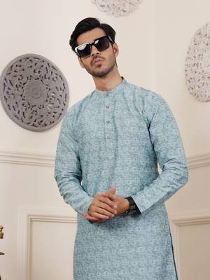 Blue viscosee fabric wevon jacquard work ethnic men's kurta payjama set 3