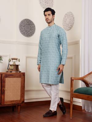 Blue viscosee fabric wevon jacquard work ethnic men's kurta payjama set 4