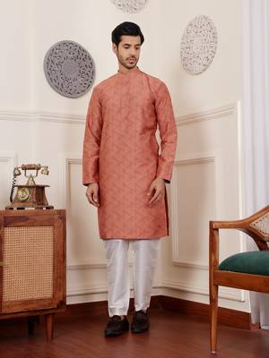 Rustic orange viscosee fabric wevon jacquard work ethnic men's kurta payjama set 1