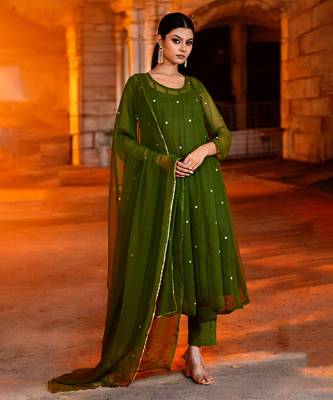 Olive green georgette suit set 1