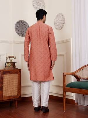 Rustic orange viscosee fabric wevon jacquard work ethnic men's kurta payjama set 2