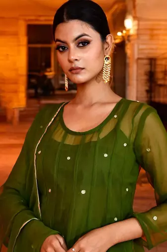 Olive green georgette suit set
