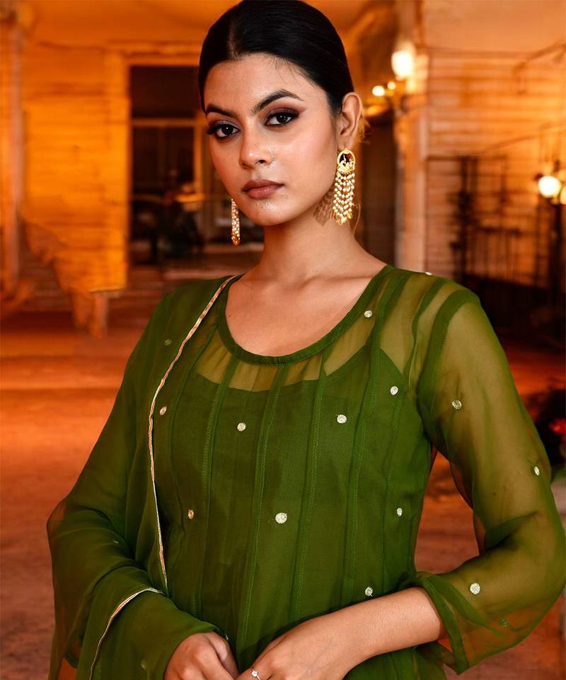 Olive green georgette suit set