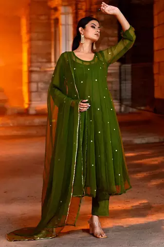Olive green georgette suit set