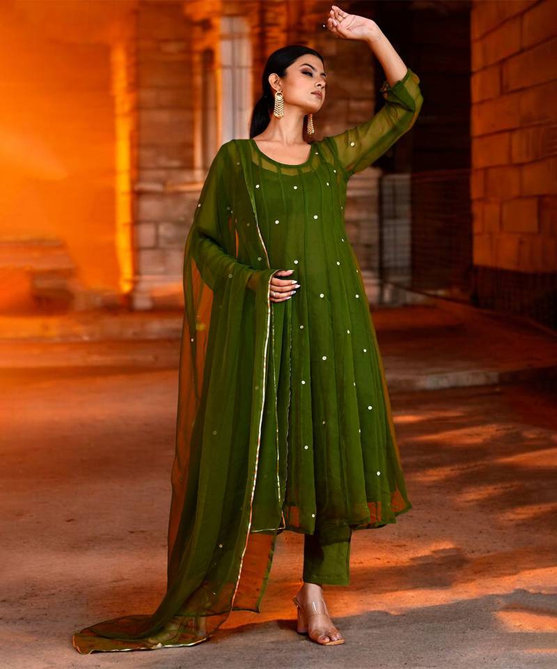 Olive green georgette suit set