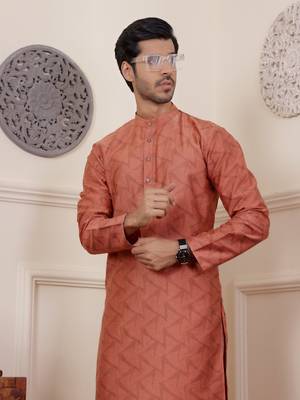 Rustic orange viscosee fabric wevon jacquard work ethnic men's kurta payjama set 3
