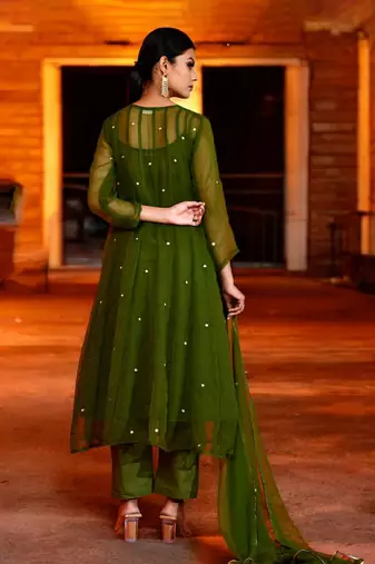Olive green georgette suit set