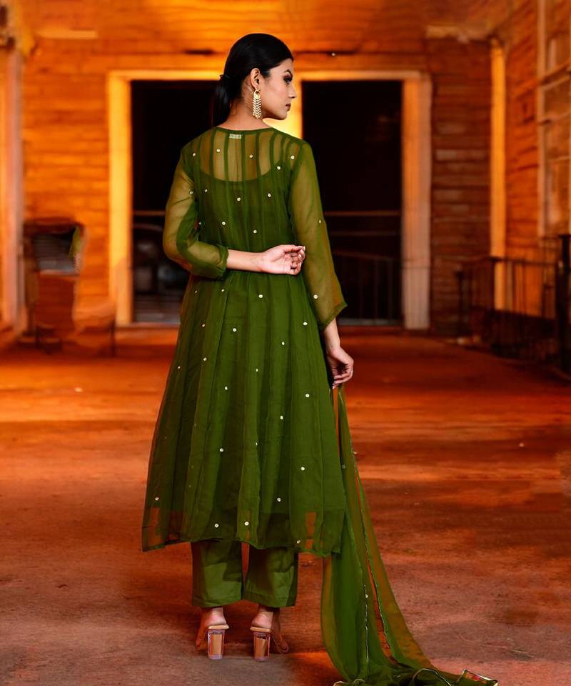 Olive green georgette suit set