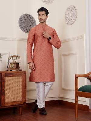Rustic orange viscosee fabric wevon jacquard work ethnic men's kurta payjama set 4
