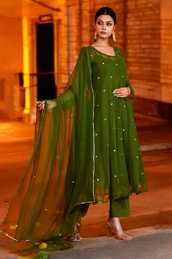 Olive green georgette suit set