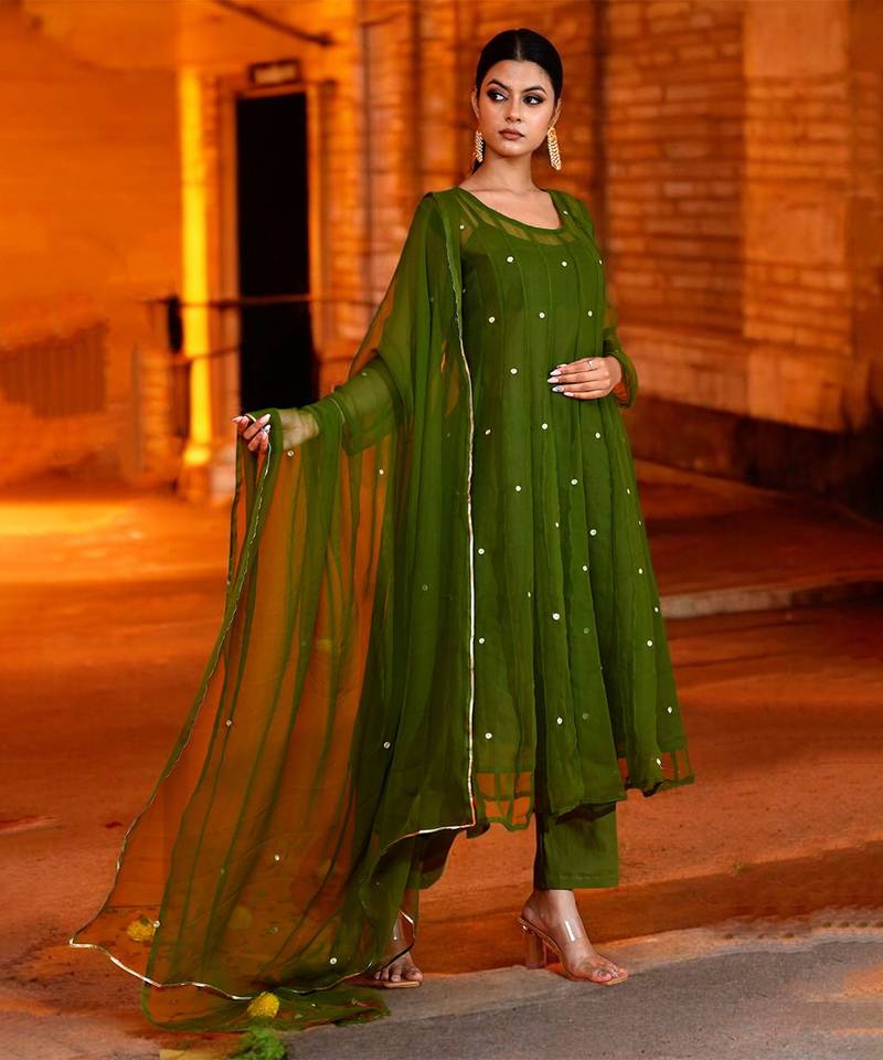Olive green georgette suit set