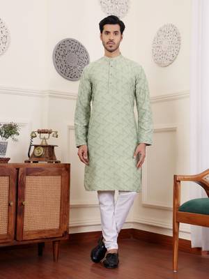 Green viscosee fabric wevon jacquard work ethnic men's kurta payjama set 1