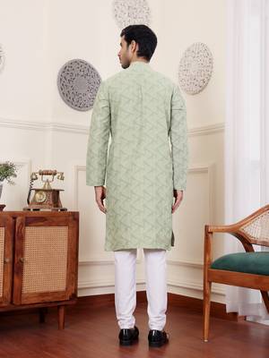Green viscosee fabric wevon jacquard work ethnic men's kurta payjama set 2