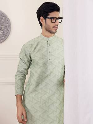Green viscosee fabric wevon jacquard work ethnic men's kurta payjama set 3