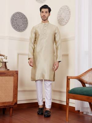 Golden green viscosee fabric wevon jacquard work ethnic men's kurta payjama set 1