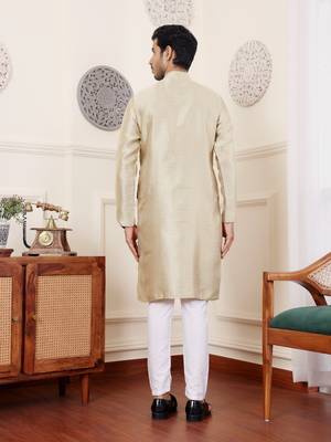 Golden green viscosee fabric wevon jacquard work ethnic men's kurta payjama set 2