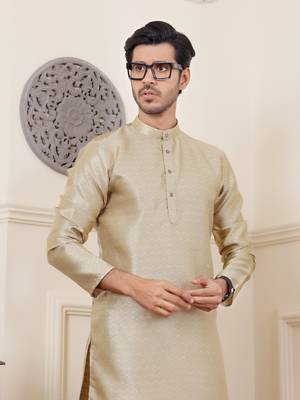 Golden green viscosee fabric wevon jacquard work ethnic men's kurta payjama set 3