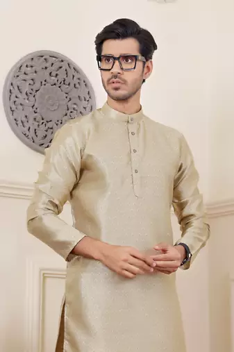 Golden green viscosee fabric wevon jacquard work ethnic men's kurta payjama set