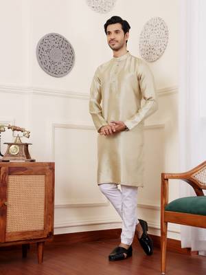 Golden green viscosee fabric wevon jacquard work ethnic men's kurta payjama set 4