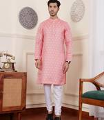 Light pink viscose fabric wevon jacquard work ethnic men's kurta payjama set
