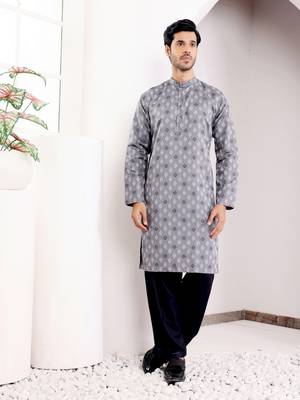 Grey viscosee fabric wevon jacquard work ethnic ceremonial wear kurta 1