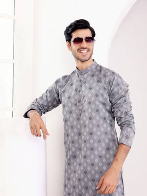 Grey viscosee fabric wevon jacquard work ethnic ceremonial wear kurta 3
