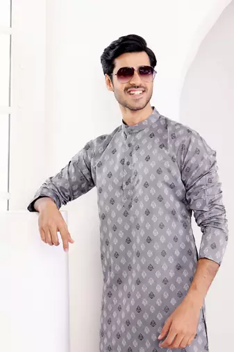 Grey viscosee fabric wevon jacquard work ethnic ceremonial wear kurta