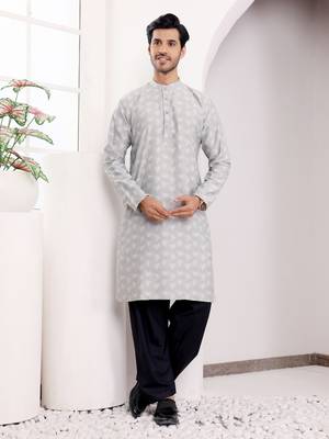 Light grey viscosee fabric wevon jacquard work ethnic ceremonial wear kurta 1