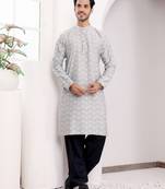 Light grey viscose fabric wevon jacquard work ethnic ceremonial wear kurta