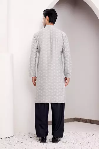 Light grey viscosee fabric wevon jacquard work ethnic ceremonial wear kurta