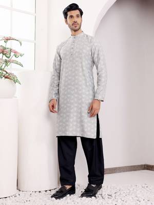 Light grey viscosee fabric wevon jacquard work ethnic ceremonial wear kurta 3