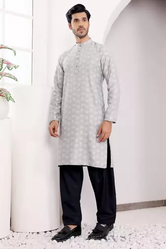 Light grey viscosee fabric wevon jacquard work ethnic ceremonial wear kurta