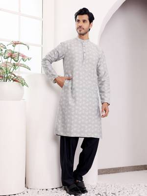 Light grey viscosee fabric wevon jacquard work ethnic ceremonial wear kurta 4