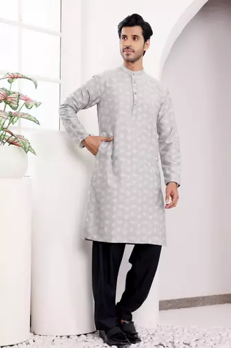 Light grey viscosee fabric wevon jacquard work ethnic ceremonial wear kurta