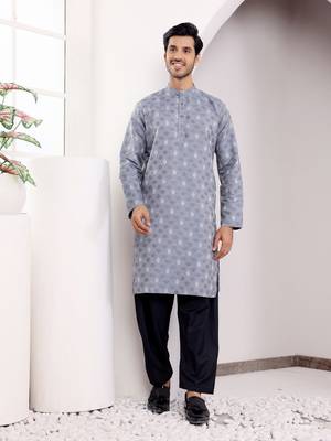 Blue viscosee fabric wevon jacquard work ethnic ceremonial wear kurta 1