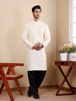 Off white viscosee fabric wevon jacquard work ethnic ceremonial wear kurta 1