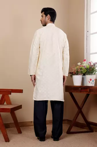 Off white viscosee fabric wevon jacquard work ethnic ceremonial wear kurta