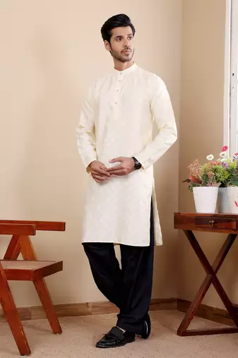 Off white viscosee fabric wevon jacquard work ethnic ceremonial wear kurta