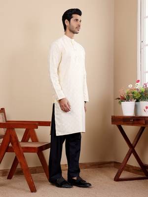 Off white viscosee fabric wevon jacquard work ethnic ceremonial wear kurta 4
