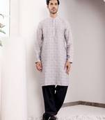 Light grey viscose fabric wevon jacquard work ethnic ceremonial wear kurta