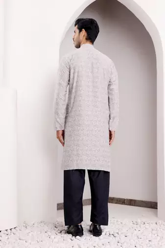 Light grey viscosee fabric wevon jacquard work ethnic ceremonial wear kurta