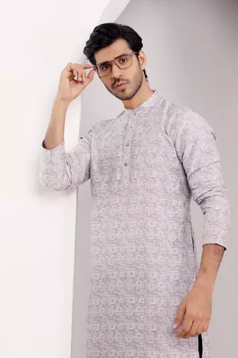 Light grey viscosee fabric wevon jacquard work ethnic ceremonial wear kurta