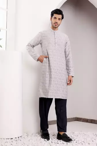 Light grey viscosee fabric wevon jacquard work ethnic ceremonial wear kurta