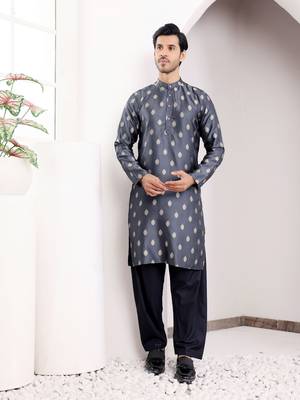 Navy blue viscosee fabric wevon jacquard work ethnic ceremonial wear kurta 1