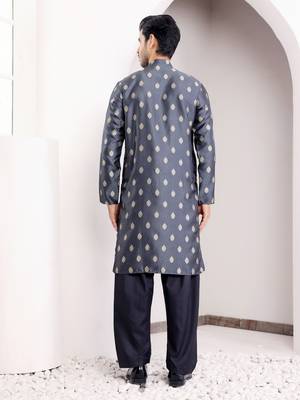 Navy blue viscosee fabric wevon jacquard work ethnic ceremonial wear kurta 2